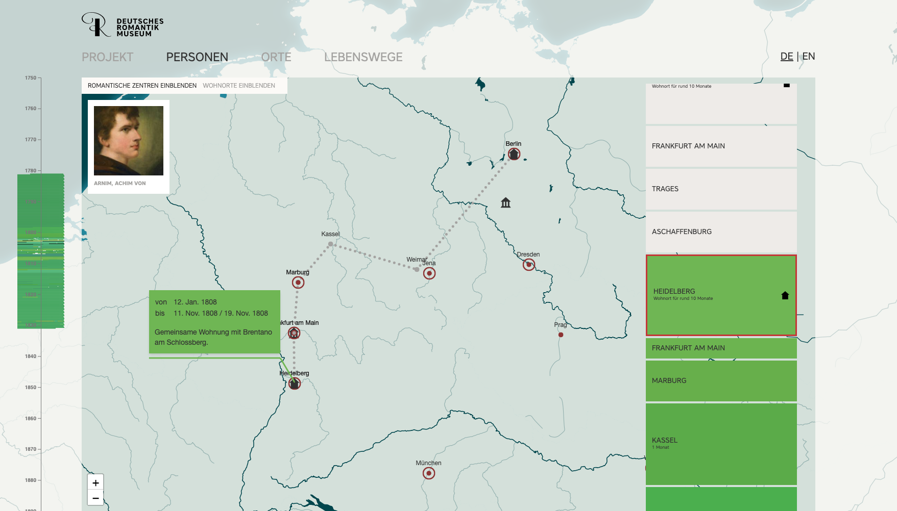 Screenshot of the "chronotopos romantik" showing an interactive map